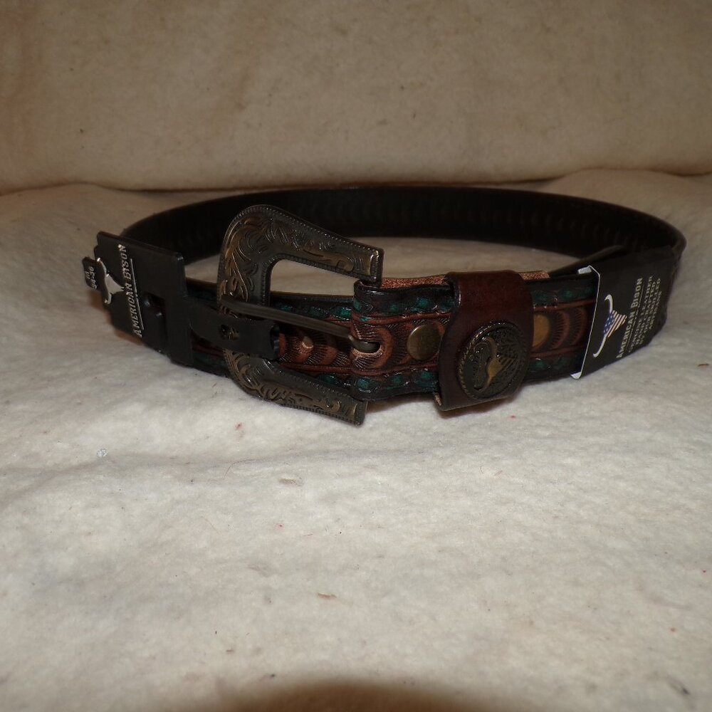 BARGAIN American Bison Mens Belt Size M 34 36 Large Brown Tooled Leather Western